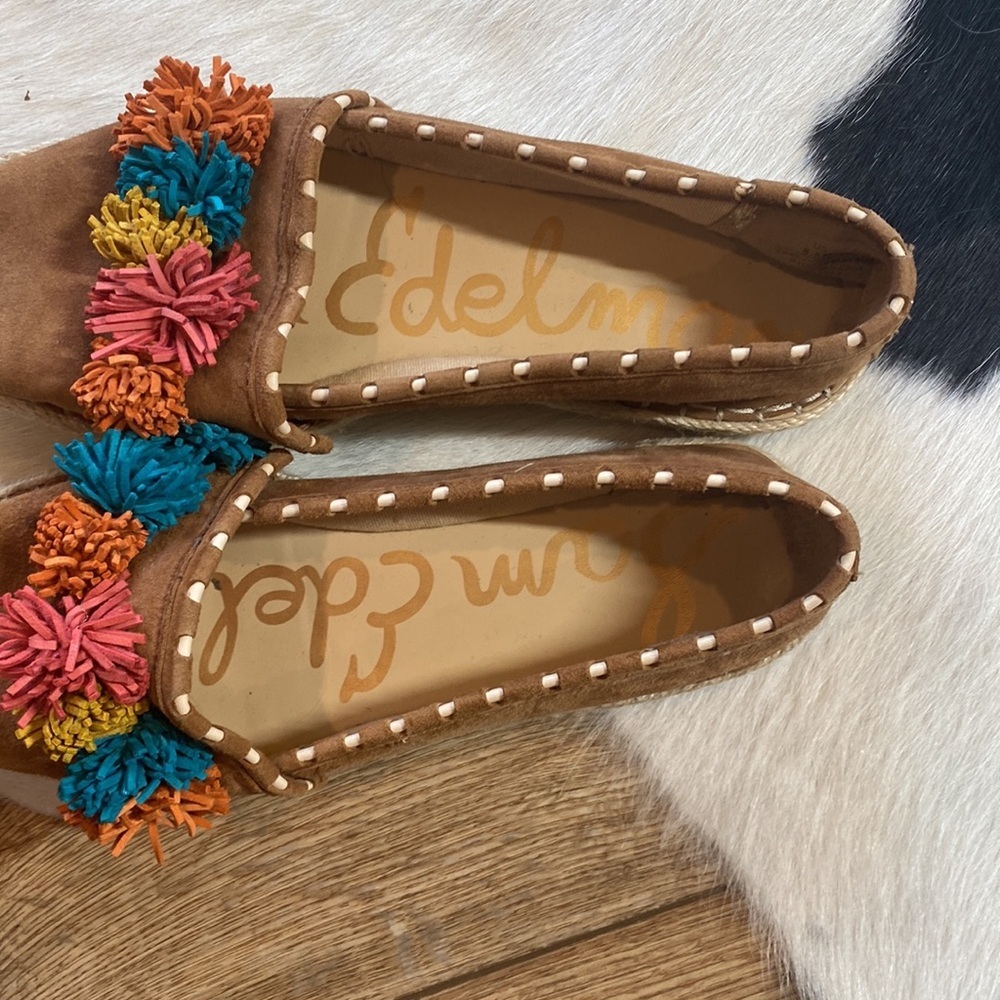 Sam Edelman Issa Espadrille flats in brown suede with multi-colored pom-poms - Picture 8 of 12